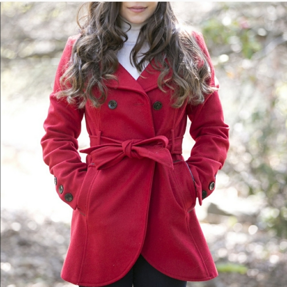🆕️ Guess | Red Wool Pea Coat with Black Trim